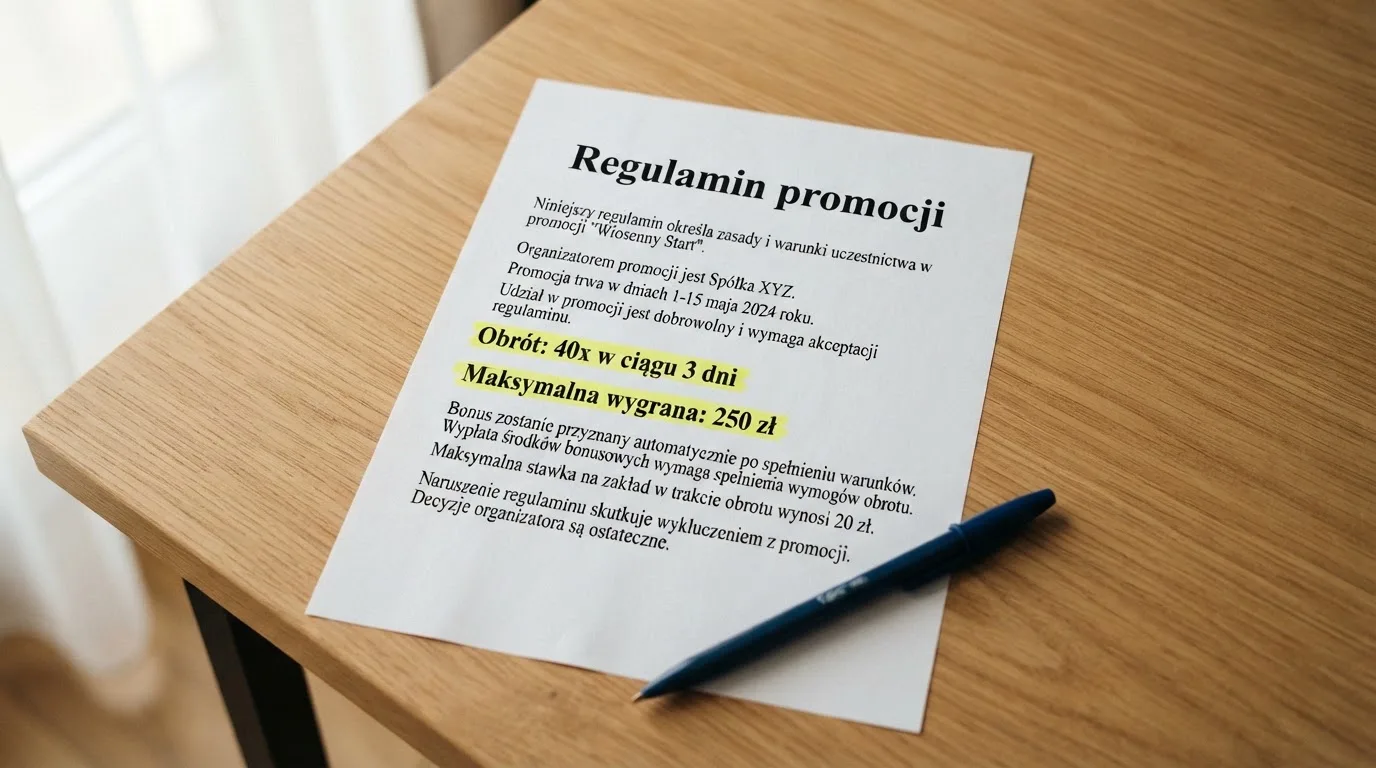 Wydrukowany regulamin promocji z zaznaczonymi flamastrem punktami o obrocie i limicie wygranej