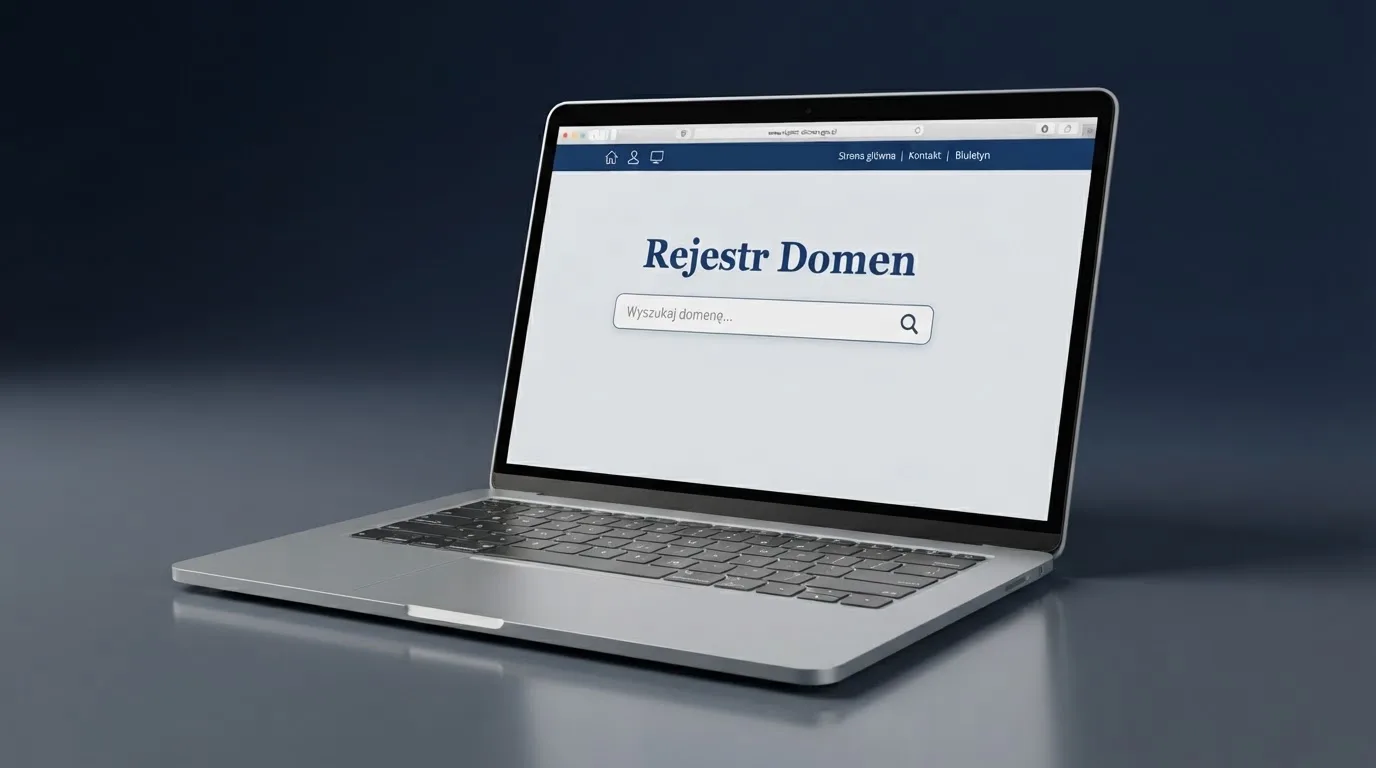 Ekran laptopa z publiczną wyszukiwarką rejestru domen na stronie rządowej